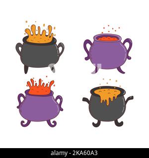 Set of halloween witches cauldrons with poison potion. Halloween elements. Trick or treat concept. Vector illustration in hand drawn style. Stock Vector