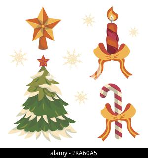 set of vectors christmas new year tree in snow star on christmas tree candle and christmas candy Stock Vector