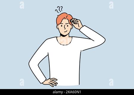 Frustrated young man think of problem solution. Pensive guy feel confused and doubtful solving trouble or issue. Dilemma. Vector illustration.  Stock Vector