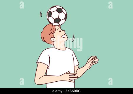 Happy young man playing football outdoors. Smiling guy with ball on head have fun enjoy sport activity. Vector illustration.  Stock Vector