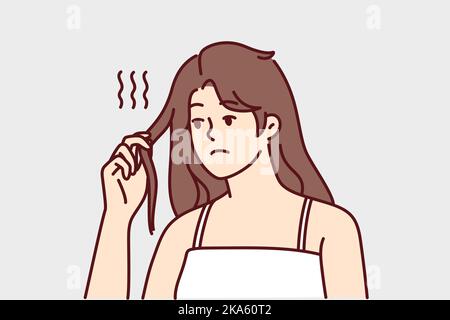 Unhappy young woman distressed with thin breakable hair. Upset girl frustrated with hair loss and breakage having split ends. Haircare and beauty. Vector illustration.  Stock Vector