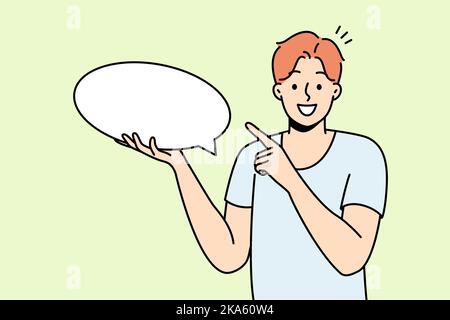 Smiling young man holding speech bubble in hands. Happy guy point at mockup empty blank copy space for advertising. Vector illustration.  Stock Vector
