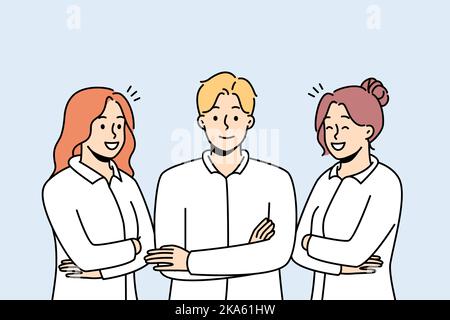 Portrait of smiling young professionals in uniforms feeling successful and confident. Group of work specialists or staff in formal wear. Vector illustration.  Stock Vector