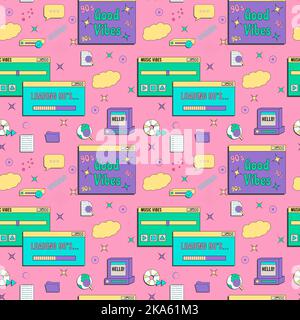 Vaporwave UI and UX elements seamless pattern. PC retro game frame. Nostalgic style 70s, 80s, 90s Stock Vector