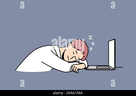 Exhausted young man fall asleep on desk near computer. Tired male employee nap at table in office. Work burnout and fatigue. Vector illustration.  Stock Vector