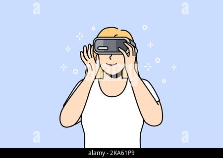 Smiling woman in VR glasses explore new horizons. Happy girl in virtual reality headset enjoy modern technology. Vector illustration.  Stock Vector