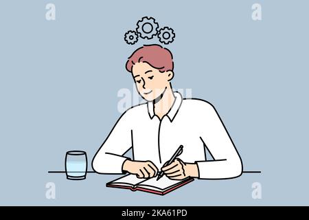 Young man sit at desk making notes in notebook generate creative ideas in head. Motivated male employee write in journal with gear mechanism above head. Vector illustration.  Stock Vector