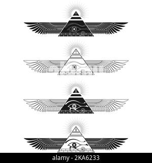 Winged pyramid vector design with eye of horus, ancient egyptian pyramid with wings, winged pyramid, eye of horus, ankh cross Stock Vector