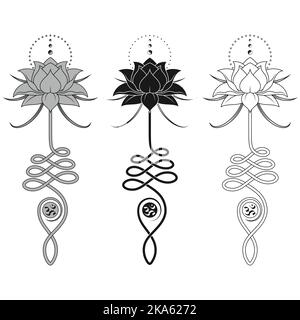 Lotus Flower Vector Design with Unalome hindu symbol, yoga and induism symbol, lotus flower motifs for tattoo Stock Vector