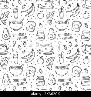 Cute seamless pattern with breakfast food - oatmeal, toast, jam, coffee, croissant, avocado, bacon, fruits. Vector hand-drawn illustration Stock Vector