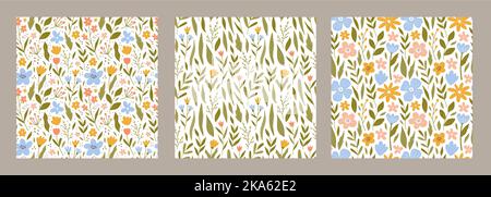 Set of botanical seamless patterns with meadow flowers, leaves, branches. Vector illustration in hand-drawn flat style. Perfect for decorations Stock Vector