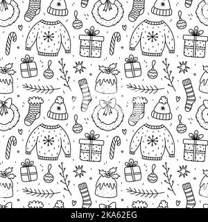 Cute xmas seamless pattern with gifts, baubles, wreaths, Christmas pudding, fir branches, socks, ugly sweaters, stars. Stock Vector