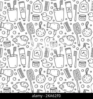 Seamless pattern with bath accessories - shampoo, hair dryer, rubber duck, soap, cream, toothbrush, toothpaste. Vector hand-drawn illustration Stock Vector