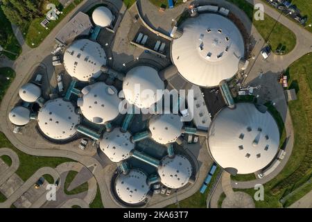 buildings connected by a web of Alvernia Studios film studio near Krakow. Top view, photos taken with a drone. Stock Photo