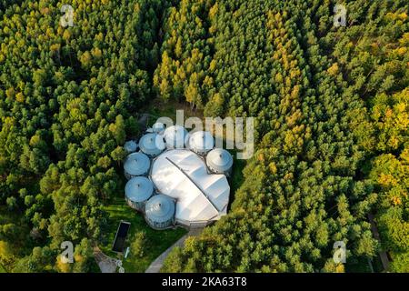 buildings connected by a web of Alvernia Studios film studio near Krakow. Top view, photos taken with a drone. Stock Photo