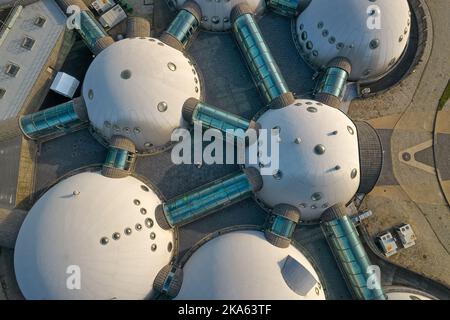 buildings connected by a web of Alvernia Studios film studio near Krakow. Top view, photos taken with a drone. Stock Photo