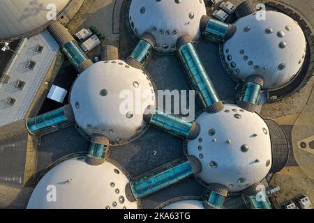 buildings connected by a web of Alvernia Studios film studio near Krakow. Top view, photos taken with a drone. Stock Photo