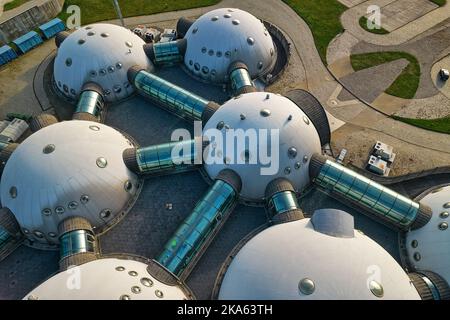 buildings connected by a web of Alvernia Studios film studio near Krakow. Top view, photos taken with a drone. Stock Photo