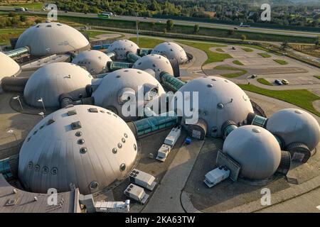 buildings connected by a web of Alvernia Studios film studio near Krakow. Top view, photos taken with a drone. Stock Photo