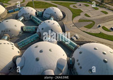 buildings connected by a web of Alvernia Studios film studio near Krakow. Top view, photos taken with a drone. Stock Photo