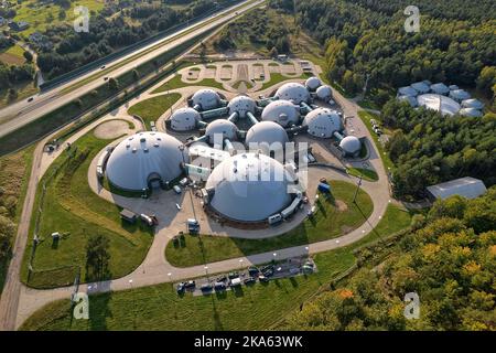 buildings connected by a web of Alvernia Studios film studio near Krakow. Top view, photos taken with a drone. Stock Photo