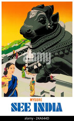 Mysore. See India. Artist unknown. Poster published in 1950. Stock Photo