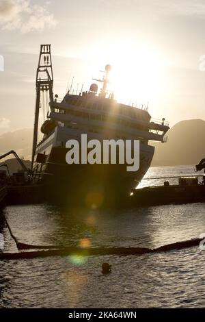 The cruise ship MS Nordlys, shown at the dock in Alesund, Norway. Two people have been reported as dead and another 16 injured after an explosion reportedly occurred in the engine room. Stock Photo