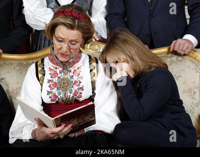 Queen Sonja and Princess Ingrid Alexandra pictured at the Christmas family photo session with the Norwegian Royal Family at the Royal Castle in Oslo, Monday December 19, 2011. Photo by Lise Aserud, Scanpix Norway   POOL Stock Photo