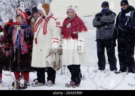 Kautokeino March 26, 2012. Prince Albert II and Princess Charlene of Monaco arrived by reindeer sledge during their visit to Kautokeino in the North of Norway. Photo: Stian Solum Lysberg / Scanpix Norway  Stock Photo