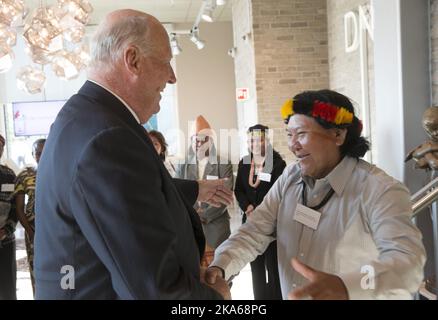 Oslo 20140918. Norwegian King Harald met with the elder of the yanomami-indians in the Amazon basin, DavÃ Kopenawa, recently during a conference in Oslo under the auspices of the Rainforest Foundation of Norway. They know each other well, King Harald stayed with Mr. Kopenawa and his tribe in the jungle for a number of days in May of 2013. Photo: Terje Bendiksby / NTB scanpix  Stock Photo