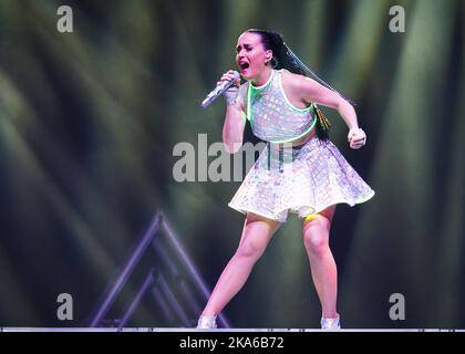 Oslo, Norway, 20150320. American popstar Katy Perry performs on stage during a concert in the Telenor Arena just south of Oslo Friday night March 20, 2015. This was her first concert in Norway, and is part of her Prismatic World Tour. Photo: Heiko Junge / NTB scanpix  Stock Photo