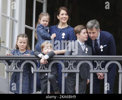 COPENHAGEN, DENMARK 20150416. Princess Josephine, Prince Vincent, Princess Isabella, Prince Christian, Crown Mary, Crown Prince Frederik balkongen.Amalienborg Castle in Copenhagen celebrates Queen Margrethe's 75th birthday on Thursday. Royal guests and audience present. Photo: Lise Aaserud / NTB scanpix Stock Photo