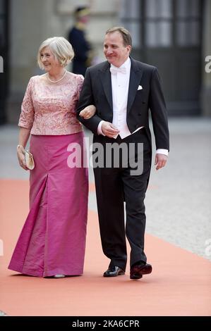 STOCKHOLM, SWEDEN 20150613. Wedding between Prince Carl Philip and Sofia Hellqvist. Swedish Prime Minister Stefan Lofven arrive the Royal Chapel in Stockholm with his wife Ulla to take part in Saturday's prince wedding. Photo: Jon Olav Nesvold / NTB scanpix Stock Photo