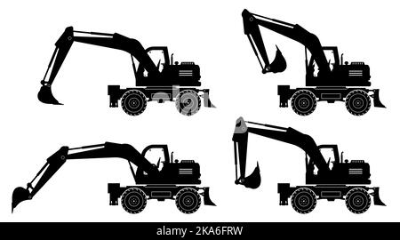 Wheel excavator silhouette on white background. Construction and mining vehicle icons set view from side. Stock Vector