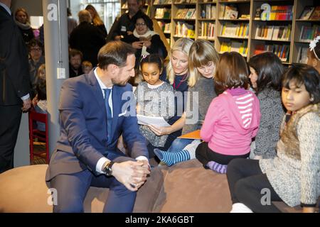 OSLO, Norway 20160301. Crown Prince Haakon and Crown Princess Mette-Marit at the opening of new Furuset library and activity center Tuesday. Photo: Cornelius Poppe / NTB scanpix Stock Photo