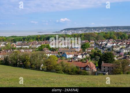 Uphill village from Uphill Hill with Weston-super-Mare beyond, North Somerset, England. Stock Photo
