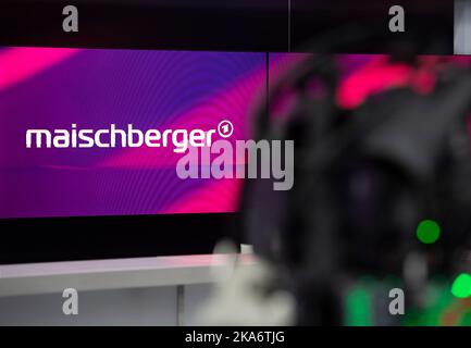 Berlin, Germany. 13th Sep, 2022. The logo of the program 'Maischberger' can be seen on a monitor in a studio. Credit: Paul Zinken/dpa/Alamy Live News Stock Photo