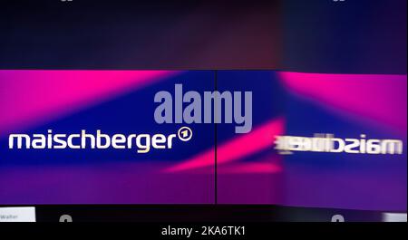 Berlin, Germany. 13th Sep, 2022. The logo of the program 'Maischberger' can be seen on a monitor in a studio. Credit: Paul Zinken/dpa/Alamy Live News Stock Photo