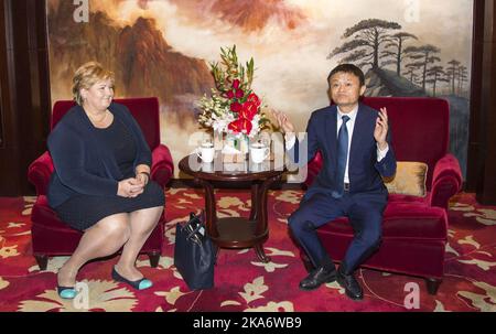 BEIJING, CHINA 20170407. Prime Minister Erna Solberg met the high-profile Chinese entrepreneur and business leader Jack Ma after the business seminar Norway China Business Summit in Beijing Friday morning. Photo: Heiko Junge / NTB scanpix Stock Photo