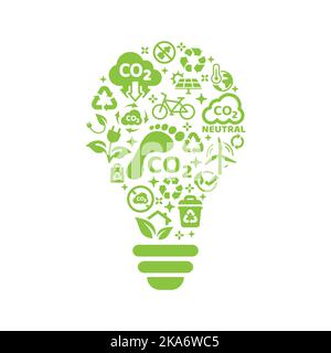 Zero emissions, carbon footprint vector template. Ecology, environment symbols and icons in lightbulb. Stock Vector