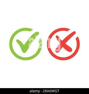 Tick symbol set in red and green circle, checkmark in checkbox vector icons. Yes and no, right and wrong icon set. Stock Vector