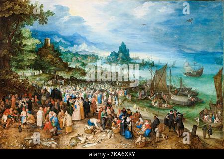 Jan Brueghel the Elder, Jesus Christ giving a Sermon from a fishing boat in a Harbour, painting in oil on wood, 1598 Stock Photo