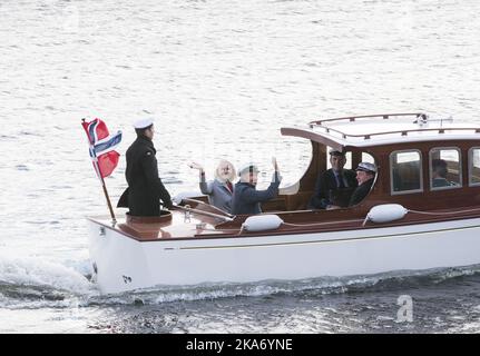 NAMSOS, Norway 20170920. The Crown Prince Couple's county trip to Nord-Troendelag 2017.Crown Prince Haakon and Crown Princess Mette-Marit travel in a barge to the Royal Yacht after the visit to Namsos and Rock City. Photo: Berit Roald / NTB scanpi Stock Photo