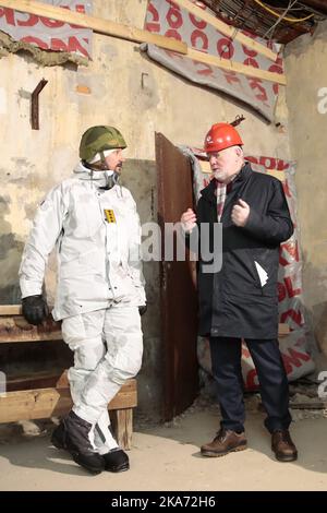 Vemork, Rjukan 20180228. Crown Prince Regent Haakon (left) attends the 75th anniversary of the heavy water sabotage operation at Vemork during the Second World War. He follows the route of the saboteurs. Photo: Haakon Mosvold Larsen / NTB scanpix Stock Photo