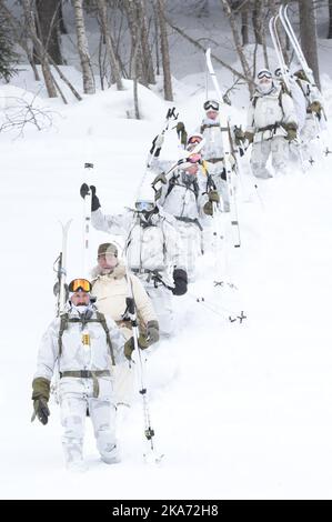 Vemork, Rjukan 20180228. Crown Prince Regent Haakon (in front) attends the 75th anniversary of the heavy water sabotage operation at Vemork during the Second World War. He follows the route of the saboteurs. Photo: Haakon Mosvold Larsen / NTB scanpix Stock Photo