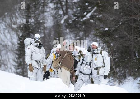 Vemork, Rjukan 20180228. Crown Prince Regent Haakon (right) attends the 75th anniversary of the heavy water sabotage operation at Vemork during the Second World War. He follows the route of the saboteurs. Photo: Haakon Mosvold Larsen / NTB scanpix Stock Photo