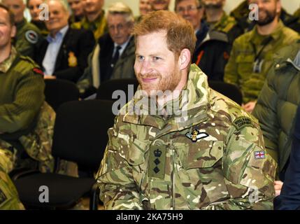 Bardufoss, Norway 20190214. HRH Prince Harry, Captain General of the Royal Marines, visits Bardufoss Air Force Base on the 50th anniversary of Operation Clockwork, the Arctic warfare training exercise Stock Photo