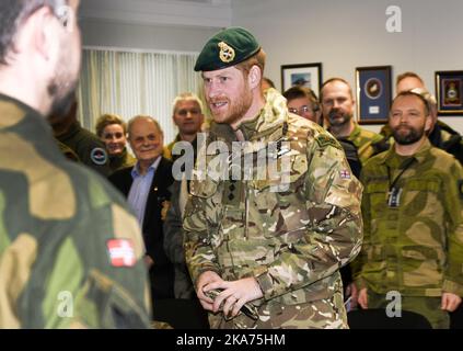 Bardufoss, Norway 20190214. HRH Prince Harry, Captain General of the Royal Marines, visits Bardufoss Air Force Base on the 50th anniversary of Operation Clockwork, the Arctic warfare training exercise Here he speaks with norwegian and british military personel. Photo: Rune Stoltz Bertinussen / NTB scanpix Stock Photo