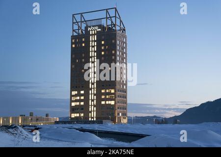 Brumunddal, Norway 20190227. Mjoestaarnet is located in Brumunddal and is the world's tallest wooden house and is about to be completed. The wooden house has a total area of about 15,000 square meters, extends over 18 floors and includes apartments, hotels, offices, restaurants. Photo: Erik Johansen / NTB scanpi Stock Photo