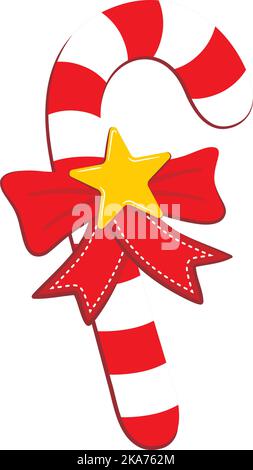 Vector illustration of a candy cane with a red bow and a yellow star. Stock Vector